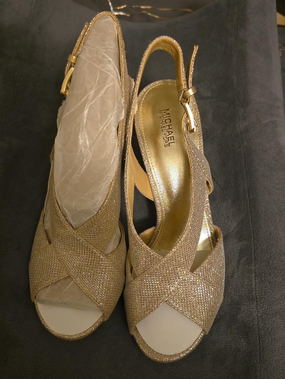 MICHAEL Michael Kors Gold Glitter Peep-Toe Slingback Heels